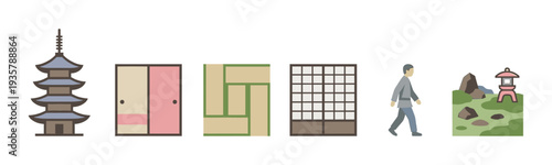 Set of traditional Japanese cultural icons with a pagoda, fusuma and shoji doors, tatami mat, walking person, and a zen garden with a stone lantern in a flat design style