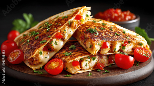 A chicken quesadilla cut in...