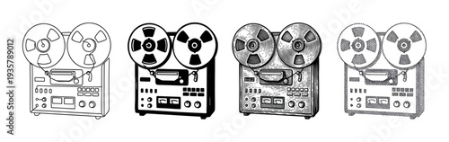 Set of four vintage reel-to-reel tape recorders illustrated in different graphic styles including line art, silhouette, engraving, and stippling for a retro audio concept