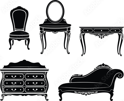  Vintage furniture silhouette set including chair, vanity table, console desk, dresser and chaise lounge in classic baroque style isolated on white