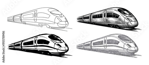 Set of four high-speed train illustrations in various artistic styles, including engraving, line art, silhouette, and stippling, depicting a modern bullet train in motion