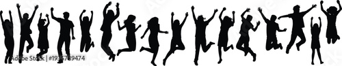 Group of happy people jumping silhouettes, energetic men and women celebrating in mid air, black vector figures isolated on white background for design use