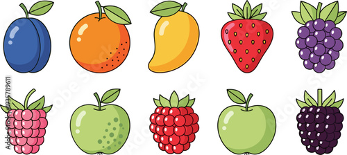 Colorful Berry and Fruit Icon Set Featuring Strawberry, Raspberry, Blackberry, Grapes, Apple, Plum, Orange and Mango for Healthy Food and Nutrition Design