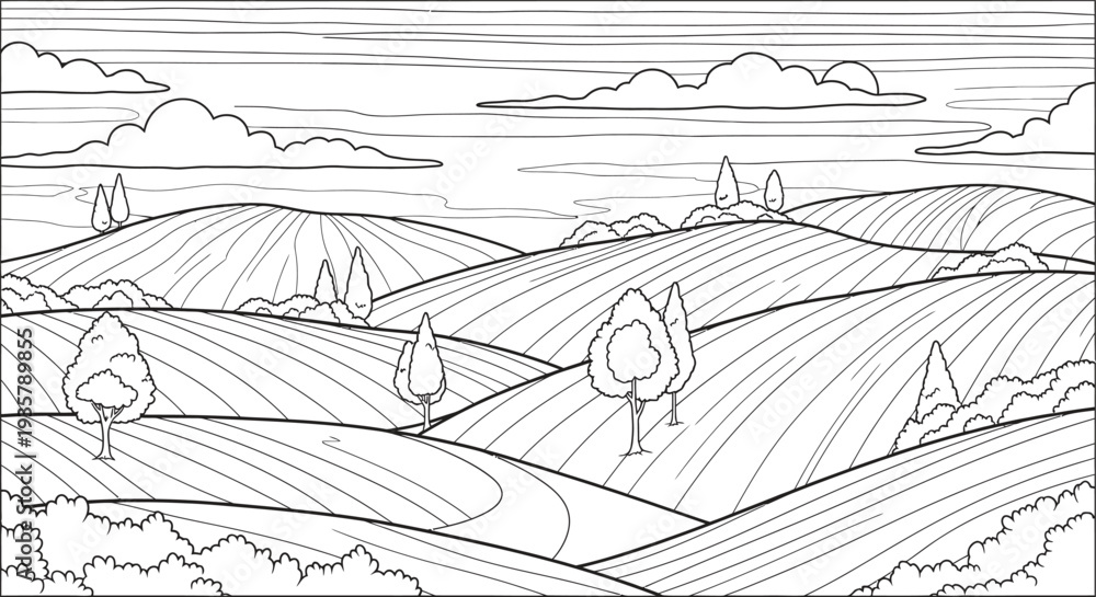 Fototapeta premium Black and white illustration of rolling hills isolated on transparent background