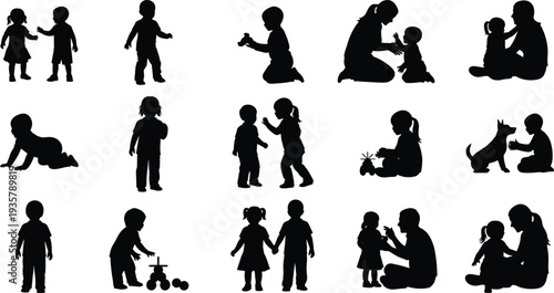 Children silhouette set, kids playing, crawling baby, siblings holding hands, parents with toddlers, childhood activities collection, family life icons, black vector.