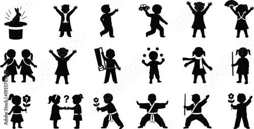 Children silhouettes set including magician, juggling, martial arts, playing with toys, flowers, and friends, perfect for kids activities and childhood concepts.