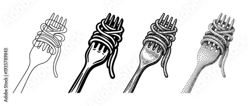 Four forks with spaghetti noodles wrapped around them in different artistic styles, including line art, graphic illustration, vintage engraving, and stippling for a food concept