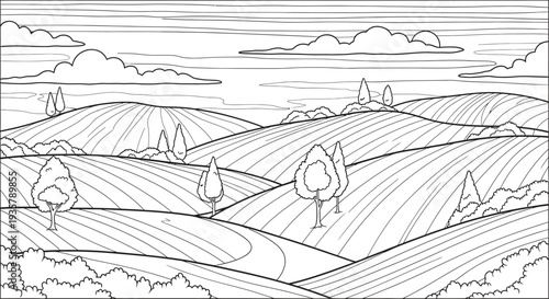 Black and white illustration of rolling hills isolated on transparent background