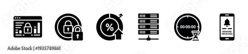 Set of black solid business icons representing security, growth, server, time, and mobile rewards for user interface design, presented in a clean minimalist glyph style