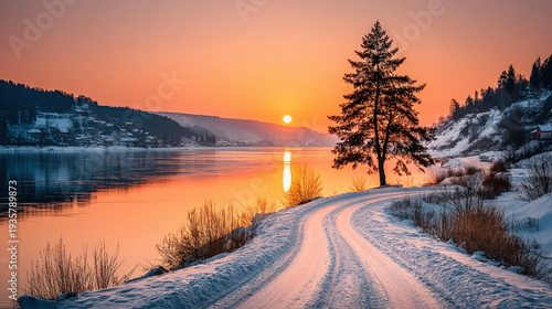 A snowy winter landscape in...