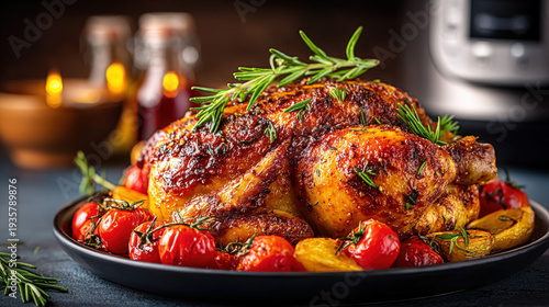 A whole chicken cooking in ...