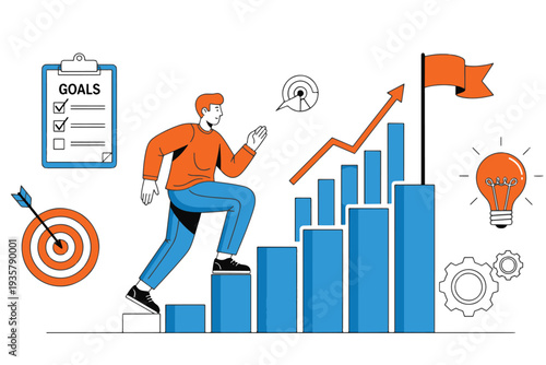 A man stepping up on a bar graph with goals and targets around him, symbolizing success and achievement.