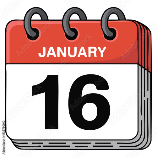 Monthly calendar icon January 16 text page web design on red black and white background vector illustration suitable for schedule reminder themes