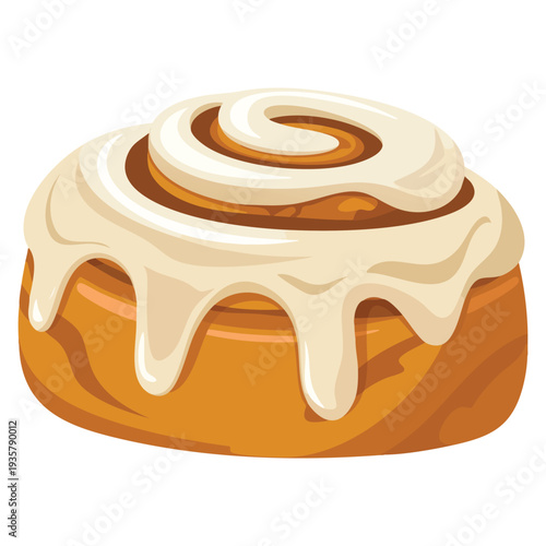 Mouthwatering cinnamon roll with smooth icing dripping down the sides ideal for bakery dessert sweet food menu and cafe themed illustration
