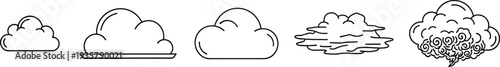 Black Outline Icon Set Of Different Cloud Shapes Including Fluffy Cumulus Flat Stratus And Stormy Weather Symbols For Meteorology And Nature Design
