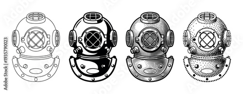 Four vintage deep-sea diving helmet illustrations in a set of graphic styles including line art, silhouette, detailed engraving, and a stippled or dotted pattern
