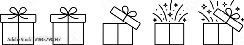 Black Outline Icon Set Of Gift Boxes Featuring Closed Wrapped Presents And Open Surprise Boxes With Confetti Sparkles For Celebration And Holidays