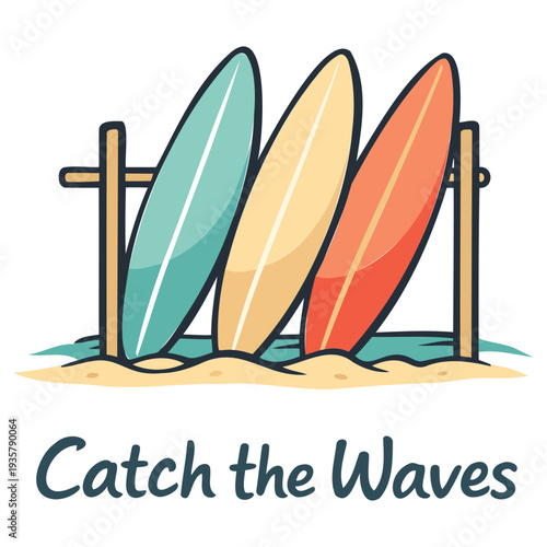 Colorful surfboards standing upright in a wooden rack on sandy beach illustration with catch the waves text below