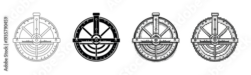 Four antique mariner's astrolabe illustrations in a set showing different artistic styles including line art, silhouette, detailed engraving, and a modern halftone dot pattern