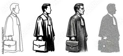 Set of four lawyer illustrations in different artistic styles, including line art, high-contrast silhouette, detailed engraving, and stippling, showing a man in a robe