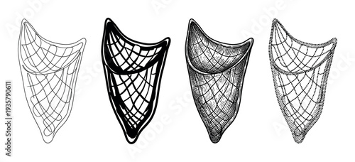 Four hand-drawn fishing net illustrations in different artistic styles including line art, bold ink, engraving, and stippling for a vintage, retro look