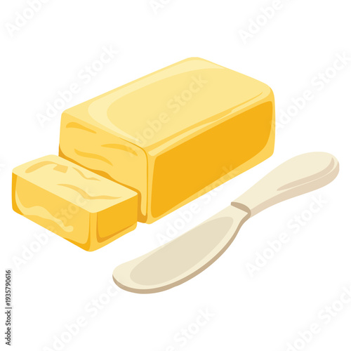 Food themed illustration of butter and butter knife suitable for breakfast cooking baking recipes and kitchen design projects