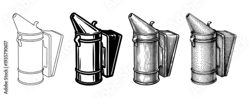 Set of four bee smoker tool illustrations in different black and white graphic styles, including outline, solid shape, vintage engraving, and stippling dotwork