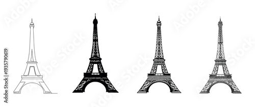 Four black and white tower illustrations set showing different artistic styles including continuous line art, solid silhouette, detailed sketch, and pointillism dotwork