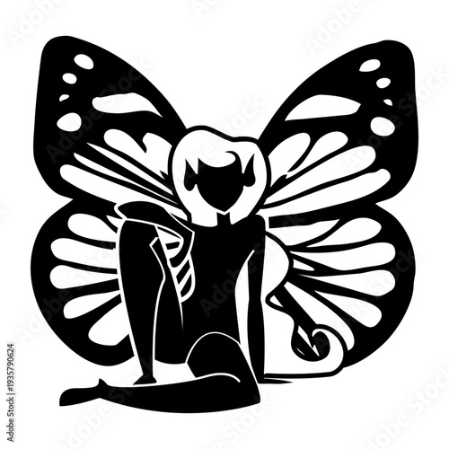 Fairy sitting wing detailed silhouette