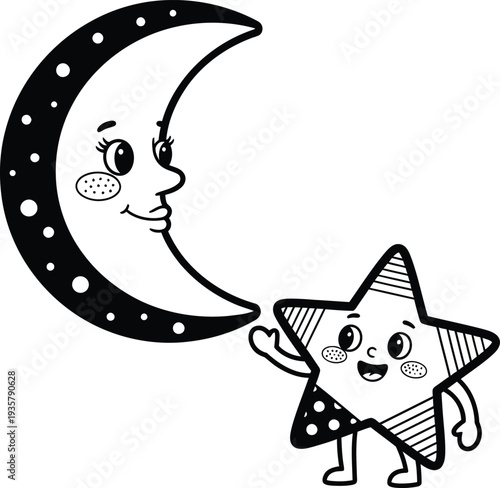 A smiling star and crescent moon illustration wqe 310 with faces and rosy cheeks