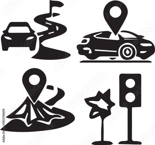 A diverse set of black vector icons depicting car travel, navigation, and road signs.
