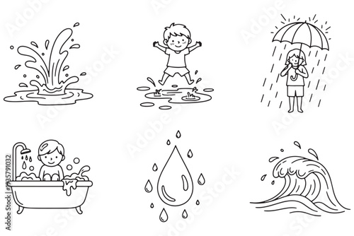 A black and white illustration of various water scenes including a child playing in puddles, taking a bath, and a person with an umbrella on a rainy day.