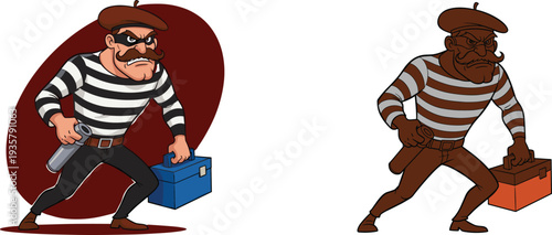 Cartoon burglar thief character illustration, masked criminal with toolbox sneaking, robbery concept mascot, funny villain vector design