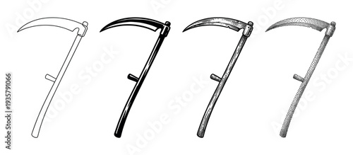 Set of four scythe illustrations in different artistic styles including line art, silhouette, detailed engraving, and stippling for a vintage or gothic aesthetic