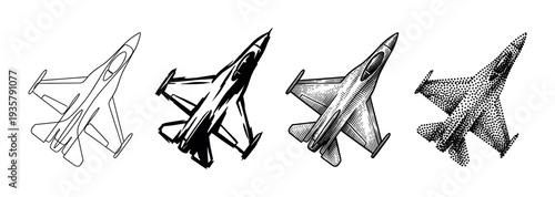 Set of four fighter jet illustrations shows different artistic styles including line art, ink sketch, engraving, and stippling for a graphic military aviation concept
