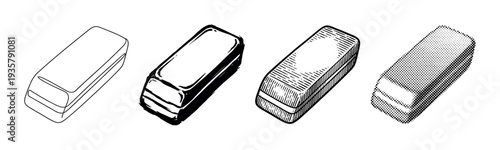 Set of four eraser illustrations in different artistic styles including line art, ink, engraving, and halftone dot pattern, presented as a collection of graphic elements