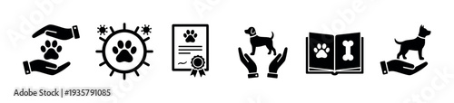 Set of black glyph icons for pet care and animal welfare, featuring symbols for veterinary health, dog adoption, pet insurance, and ownership in a minimalist design
