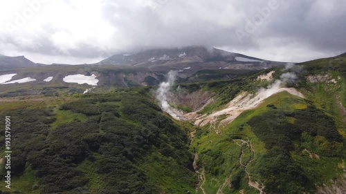 4K Aerial Drone Footage of Fumaroles and Acidic Geothermal Landscape in Kamchatka