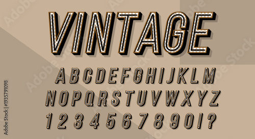 Vintage Retro Font - Dark Inline Striped Alphabet with Hatched Shadow on Beige Background