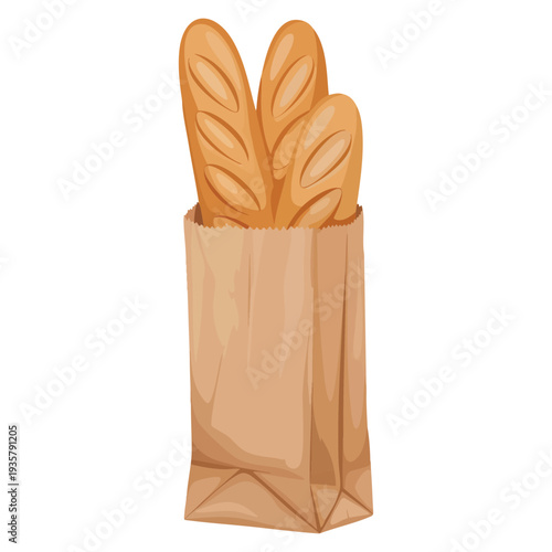 French baguettes in paper bag isolated on white background, fresh bakery bread illustration perfect for cafe and market themes