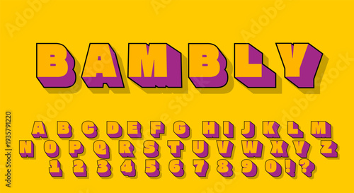 Bambly Font - 3D Block Alphabet with Purple Depth Effect on Yellow Background