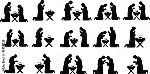 Christmas nativity silhouette set with Mary and Joseph praying over baby Jesus in manger, religious holy night clip art collection.