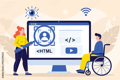 Two people interacting with a large computer screen displaying accessibility features and HTML coding for an inclusive digital experience.