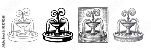 Four classic water fountain illustrations presented in a set of diverse artistic styles including line art, silhouette, vintage engraving, and detailed stippling technique