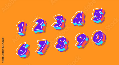 Retro 3D Numbers - Colorful Digits 0-9 with Volumetric Effect on Orange Background
