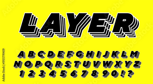 Layer Retro Font - Black 3D Striped Alphabet with Layered Effect on Yellow Background