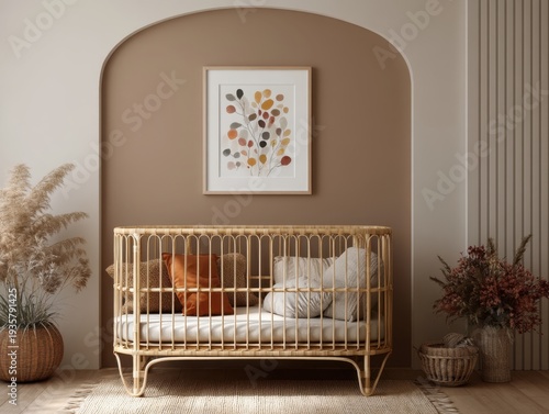 Cozy rattan daybed rests beneath arched wall. Soft pillows and blankets invite comfort. Modern abstract art hangs above the bed. Warm tones surround the minimalist seating