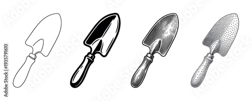 Set of four garden trowels illustrated in different artistic styles, including simple line art, a solid silhouette, vintage engraving, and modern stippling for design concepts