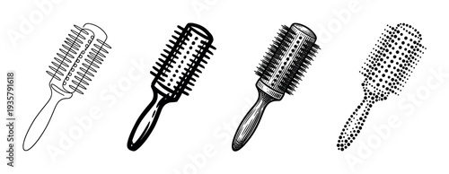 Set of four round hairbrush icons illustrated in different artistic styles, including simple line art, bold graphic, detailed engraving, and a modern dotted pattern