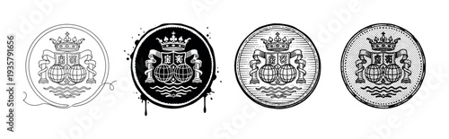 Four black and white heraldic crests featuring a royal crown, two world globes, and pillars over waves, presented in outline, silhouette, engraved, and stippled styles